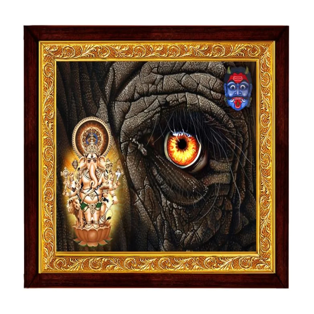 EMPEROR ART GALLERY®,Drishti Ganapathi Religious Wall Art, 16.4 x 13.6 inch, Premium Wooden Frame with Gold Border, Laminated Digital Print
