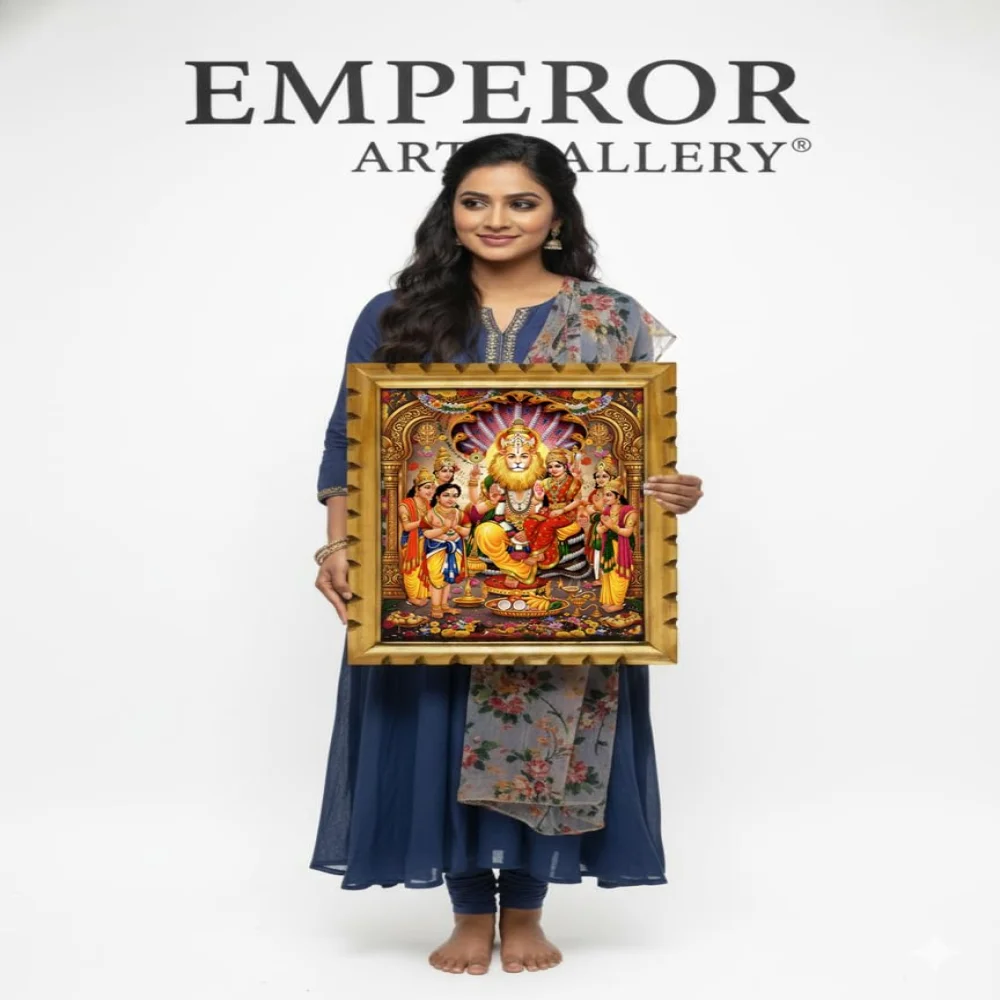 Lord Narasimha Swamy Digital Print with Wooden Frame, Hindu Religious Wall Art, Film Laminated, 14 x 17 inches, Gold Frame with Temple Design