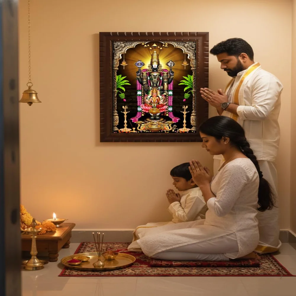 EMPEROR ART GALLERY®,Lord Venkateswara Swamy with Lakshmi Religious Photo Frame, Premium Carved Wooden Frame, Film Laminated Digital Print, 17x23 Inches