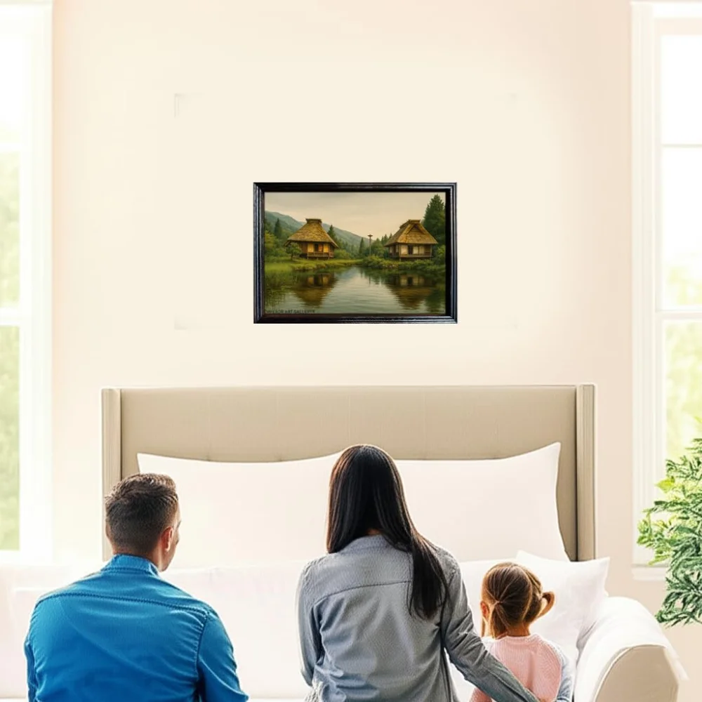 EMPEROR ART GALLERY®, Lakeside Cottage Wall Art Premium Wooden Photo Frame, Black Polished, 13 x 18.5 inches, Laminated Digital Print