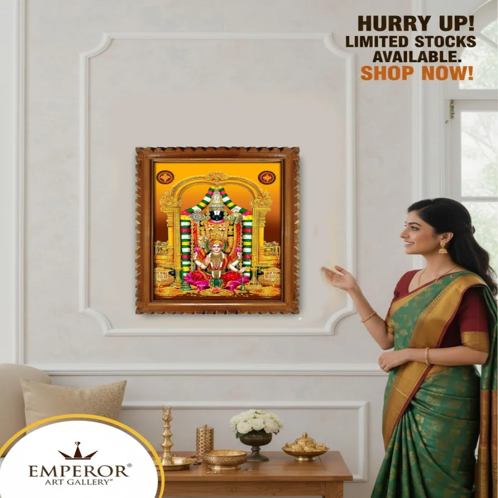 EMPEROR ART GALLERY® Venkateswara Swamy with Lakshmi Religious Photo Frame, unique disigned Natural Colour Teak Wooden frame, 51.8 x 39.1 cm,