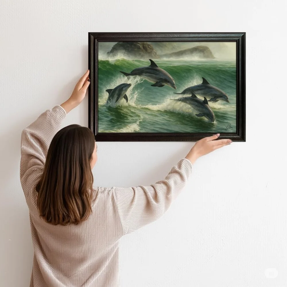 EMPEROR ART GALLERY®,Premium Dolphins Canvas Wall Art with Wooden Frame, 58.4 x 40.6 cm, Ocean Wave Scene