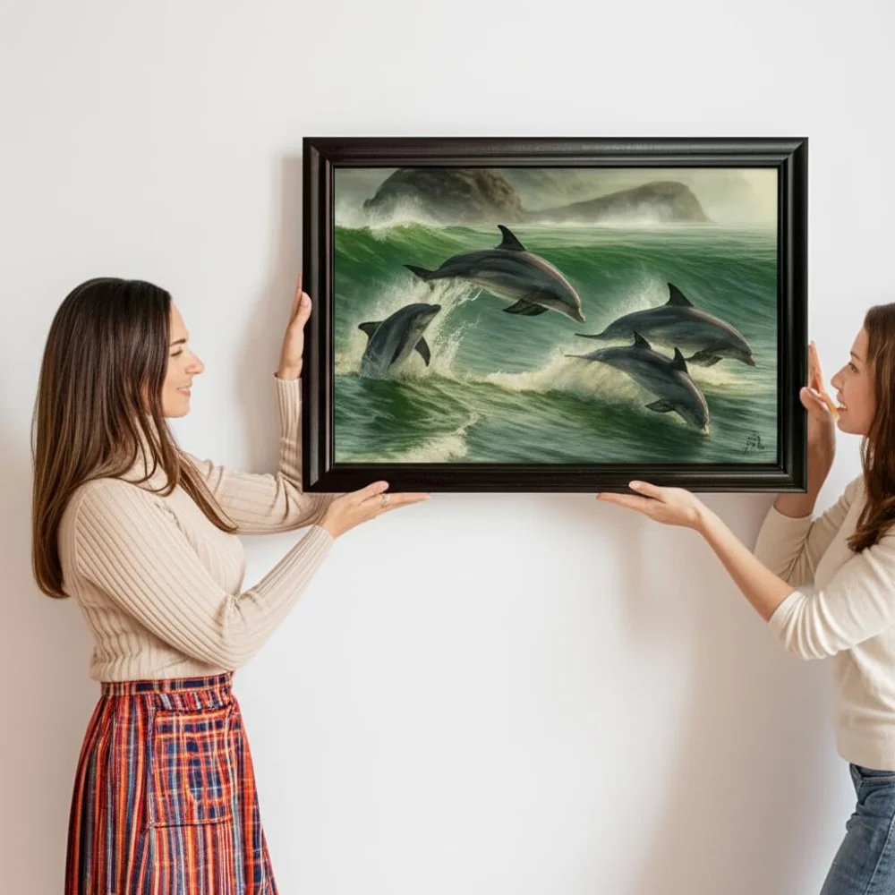 EMPEROR ART GALLERY®,Premium Dolphins Canvas Wall Art with Wooden Frame, 58.4 x 40.6 cm, Ocean Wave Scene