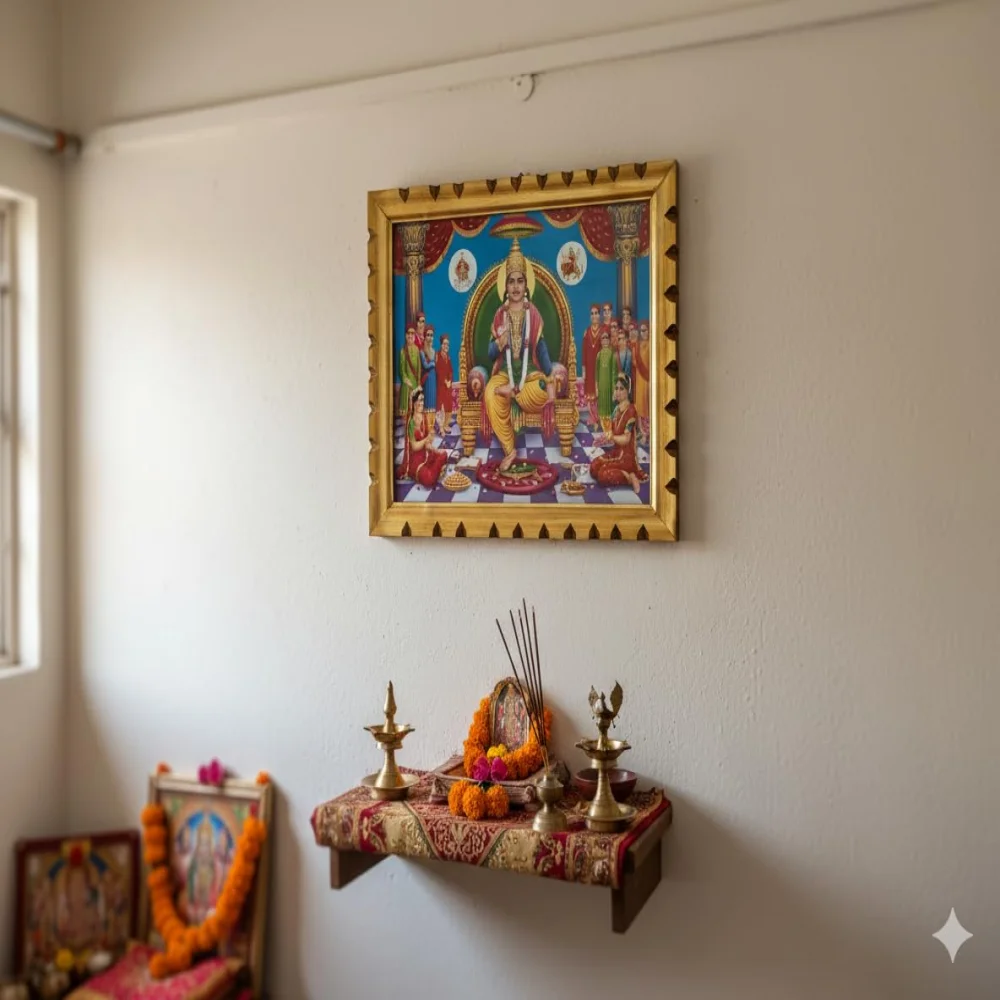 Lord Chitragupta Bhagwan Premium Wooden Frame, Hindu Religious Wall Art, Natural Wood, Laminated Digital Print, 17.4 x 14 inches