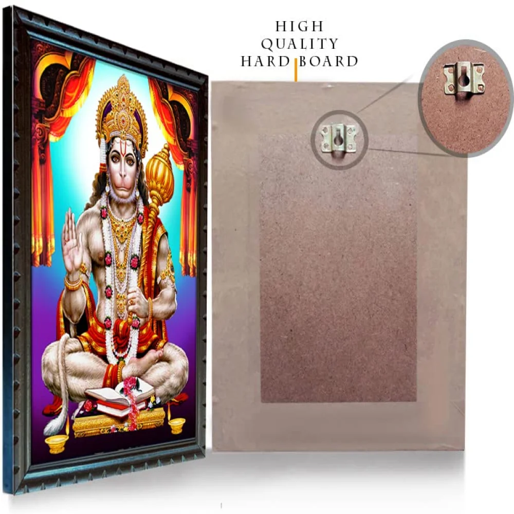 Lord Hanuman Laminated Digital RePrint With Wood Frame (18 X 13.4) inch Religious Frame (Blue)