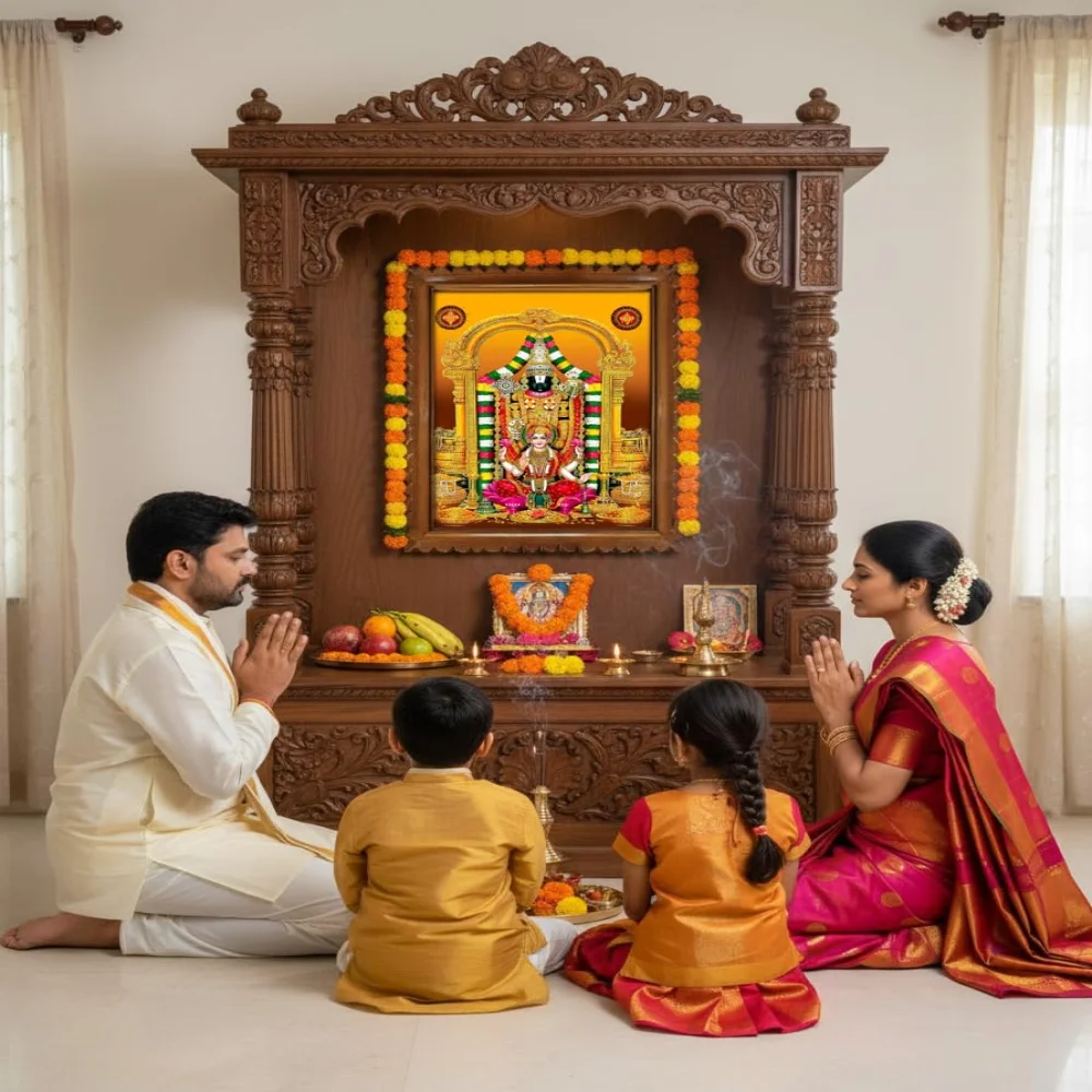 EMPEROR ART GALLERY® Venkateswara Swamy with Lakshmi Religious Photo Frame, unique disigned Natural Colour Teak Wooden frame, 51.8 x 39.1 cm,