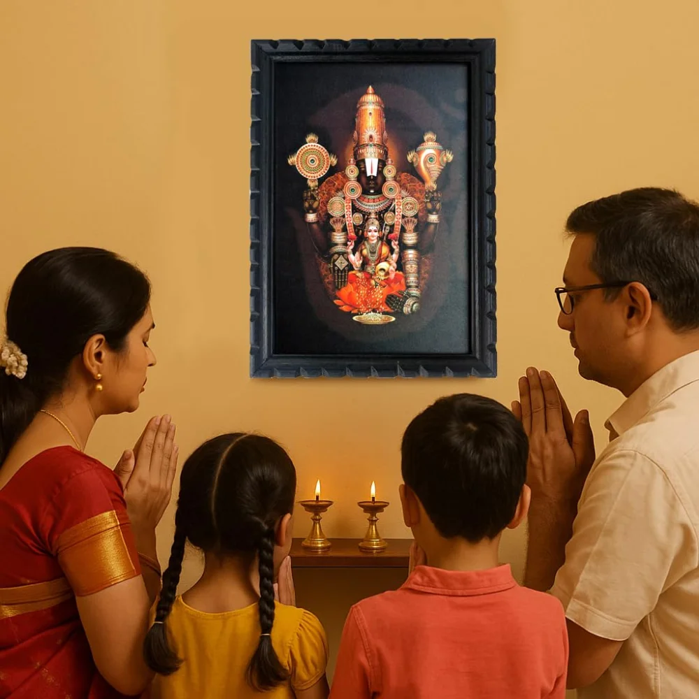 EMPEROR ART GALLERY®,Lord Venkateswara Swamy with Lakshmi Religious Wall Frame, 19.5 x 13.5 inch, Premium Wooden Frame with Carved Design, Film Laminated Digital Print