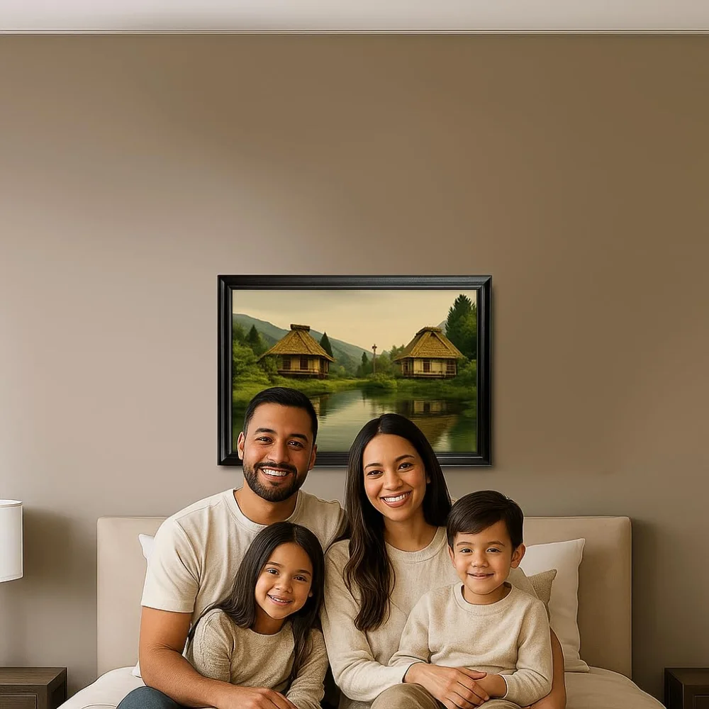 EMPEROR ART GALLERY®,Lakeside Cottage Canvas Wall Art with Premium Black Wooden Frame, 58.4 x 40.6 cm