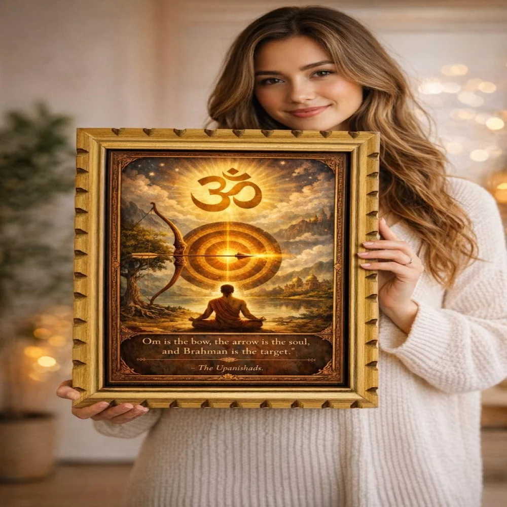 Om Symbol Spiritual Wall Art with Wooden Frame, Original Carved Design, 300 GSM Digital Print Film Laminated, 14x20 Inch, Upanishads Quote