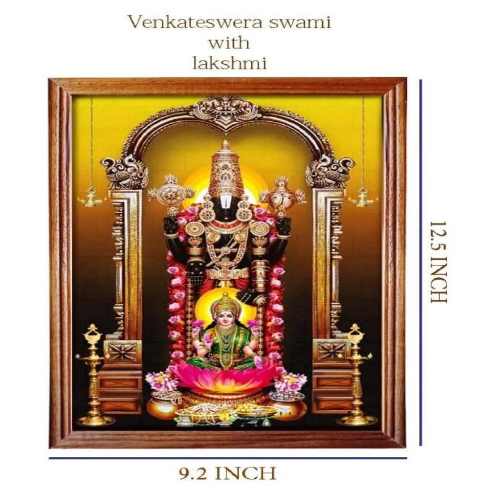 mperor God Venkateswara Swamy With Lakshmi Photo With Teak Wood Frame Religious Frame(12.5x9.2)