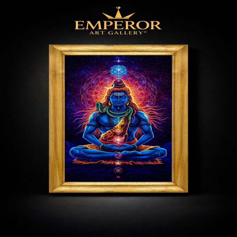 EMPEROR ART GALLERY®, Cosmic Lord Shiva Wall Art, Premium Wooden Frame with Gold Finish, Film Laminated Print, 22.6 x 12.6 Inches, Divine Luxury Design