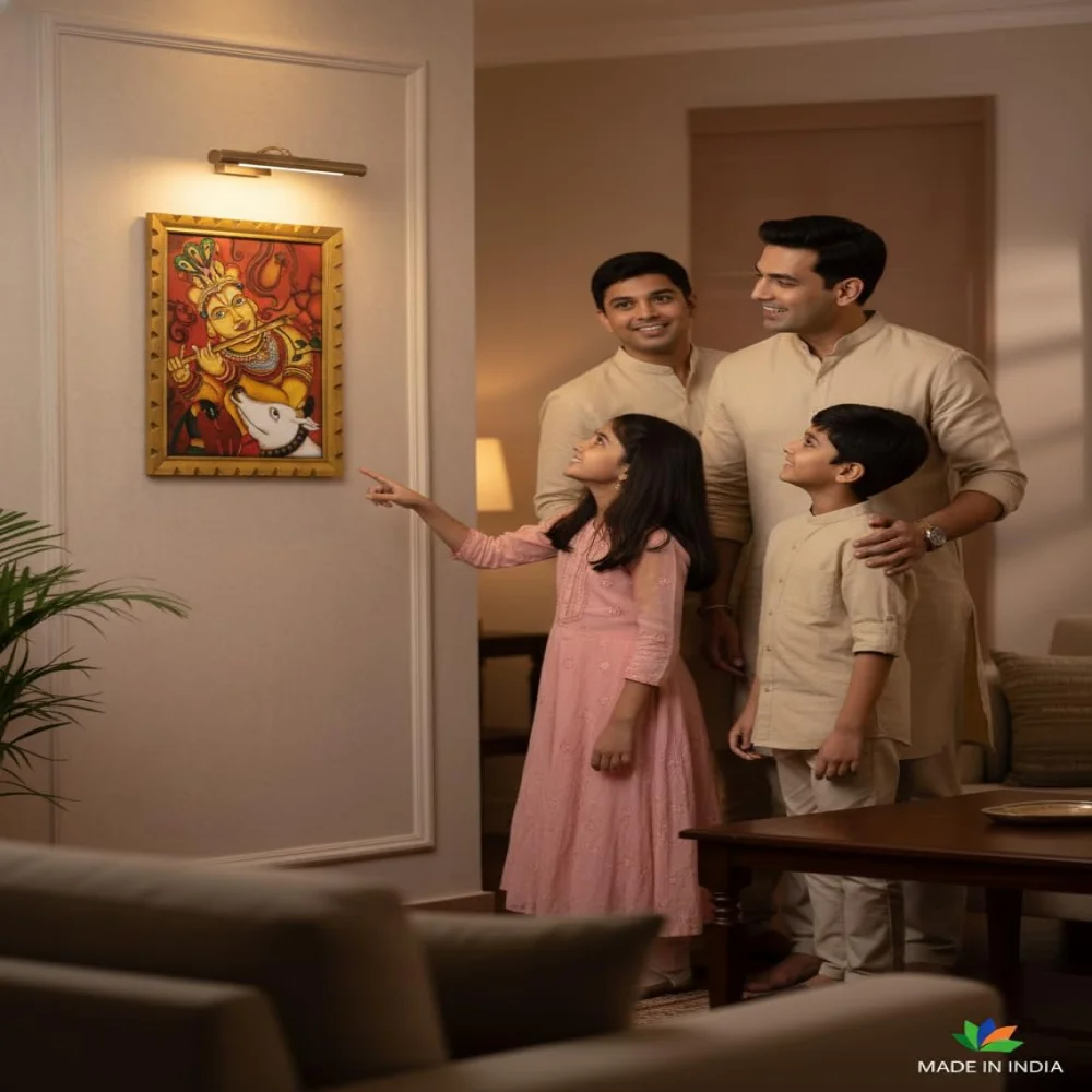 EMPEROR ART GALLERY®, Lord Krishna Mural Painting, Premium Wooden Frame with Carved Design, 18x14 Inch Digital Print, Film Laminated, Traditional Indian Wall Art