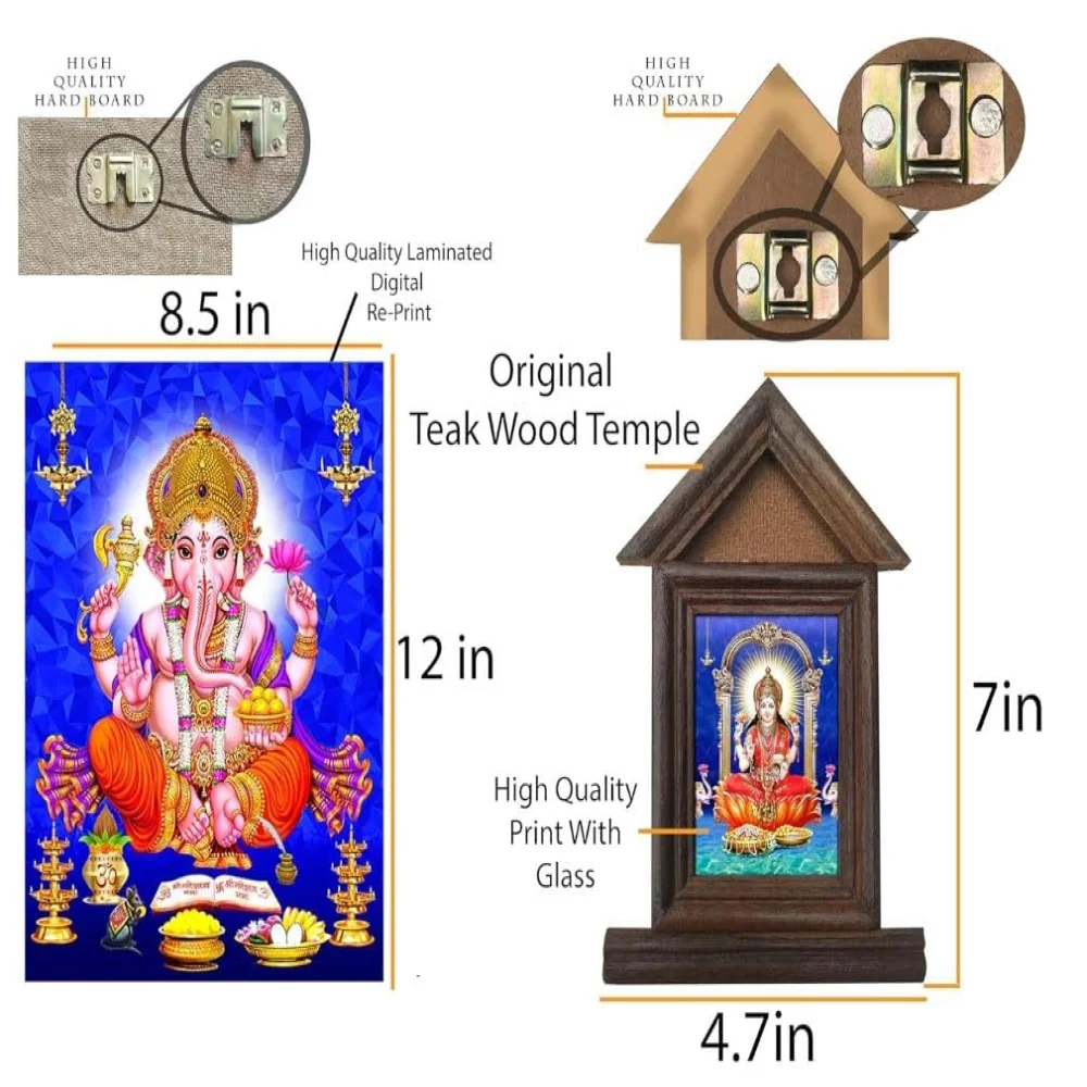 mperor Lord Ganesha Laminated Digital Re-Print and Lord Lakshmi Original Teak Wooden Small Temple