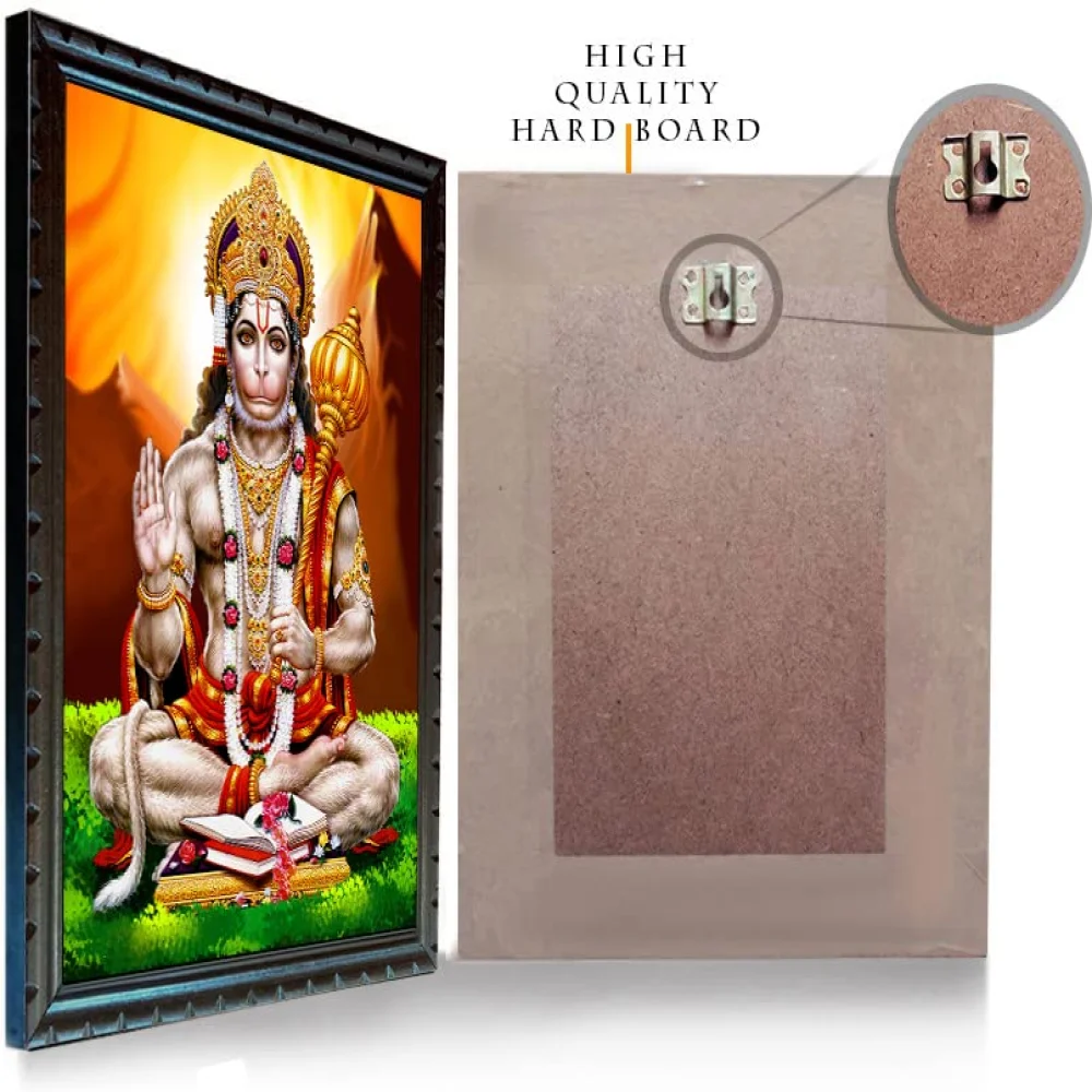 Lord Hanuman Laminated Digital RePrint With Wood Frame (18 X 13.4) inch Religious Frame (Orange)