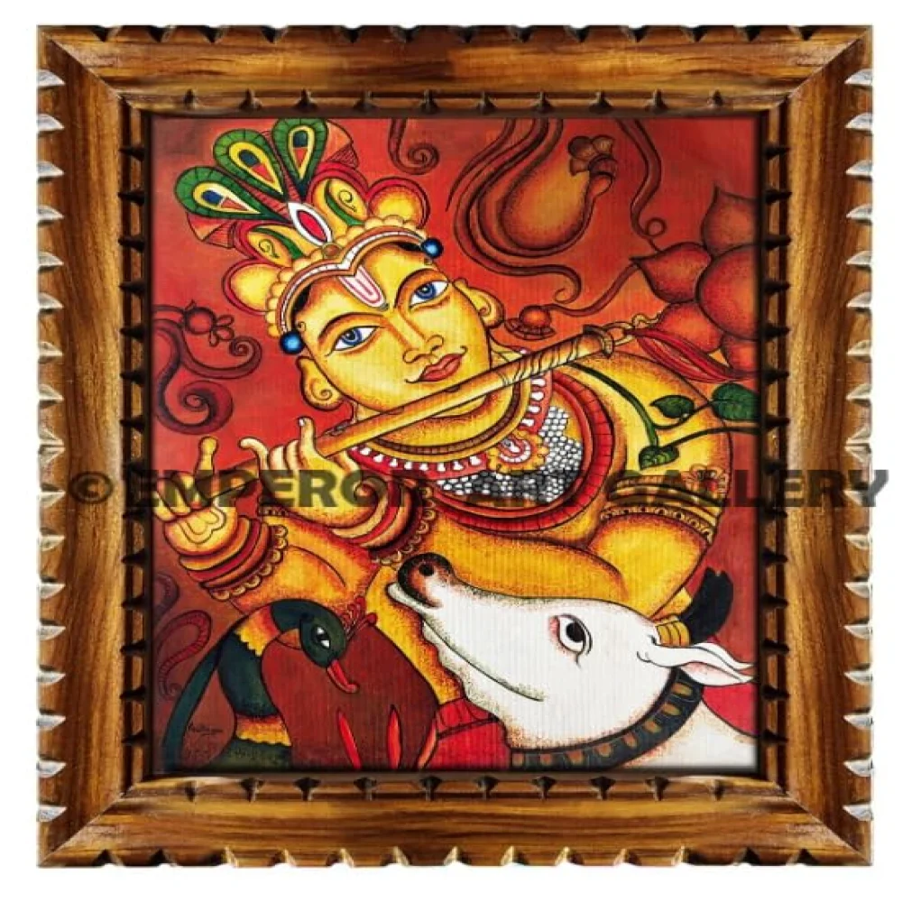 EMPEROR ART GALLERY ,Original Canvas Handmade Mural painting Of Lord Krishna With Teak Wood Frame(18.4x14.4) in