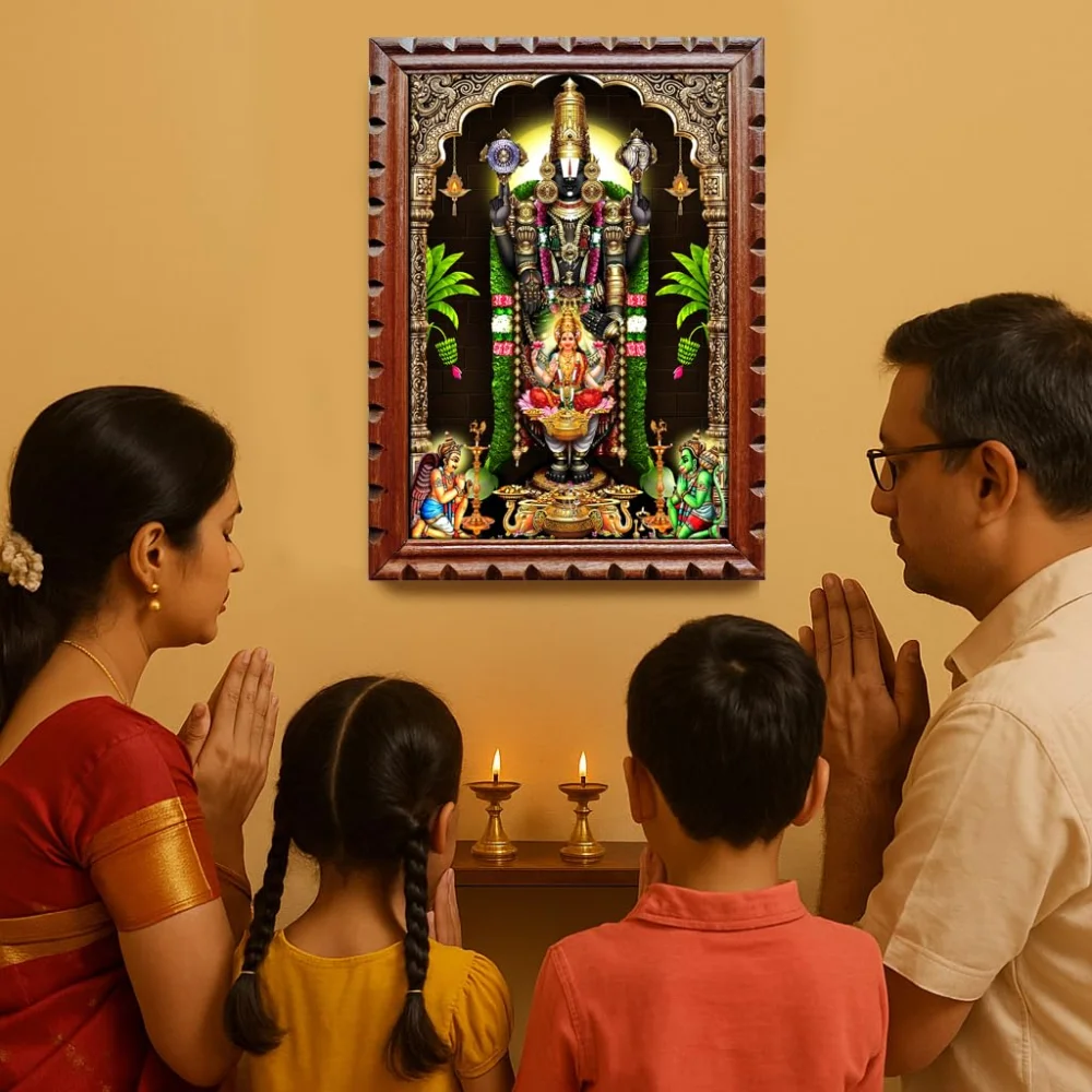EMPEROR ART GALLERY®,Venkateswara Swamy with Lakshmi Wooden Photo Frame, 14x20 inch, Rare Carved Design, Film Laminated Digital Print
