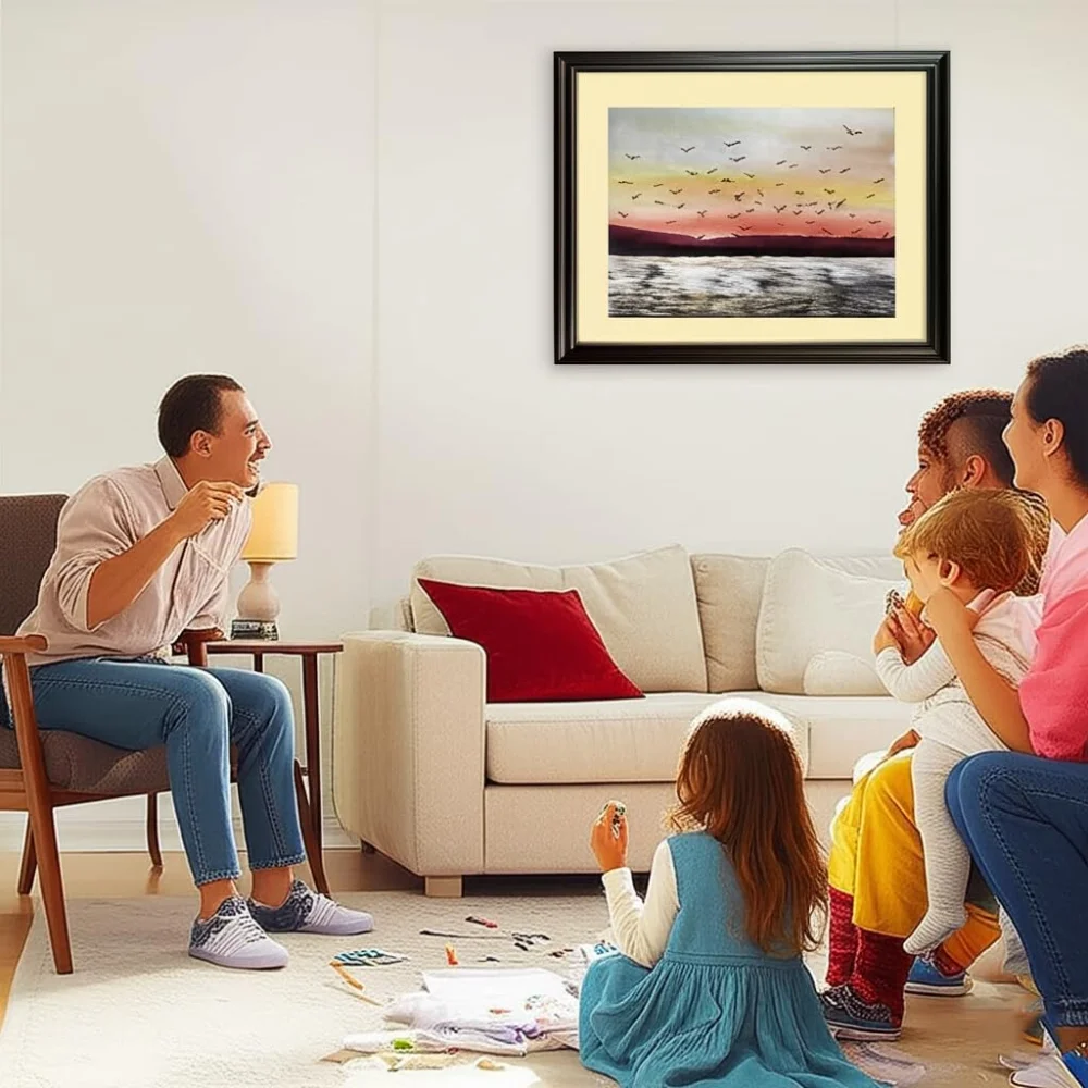 EMPEROR ART GALLERY®,Sunset Lake Canvas Wall Art with Premium Wooden Frame, 24 x 19 inch, Birds in Flight Landscape Painting