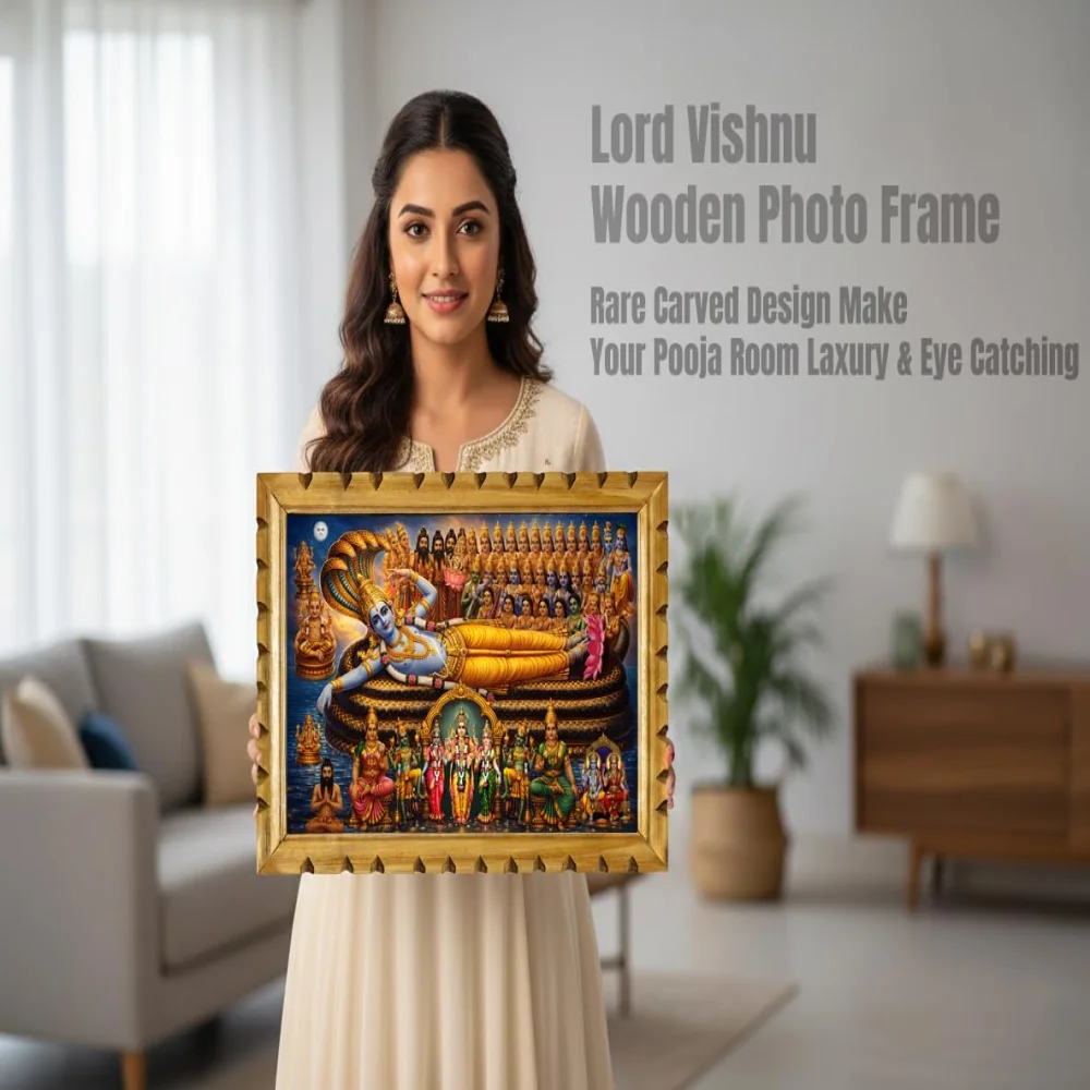 EMPEROR ART GALLERY®,Lord Vishnu Wooden Photo Frame with Premium Natural Wood, Glitter Film Laminated Digital Print, Carved Design, 20x13.6 Inch