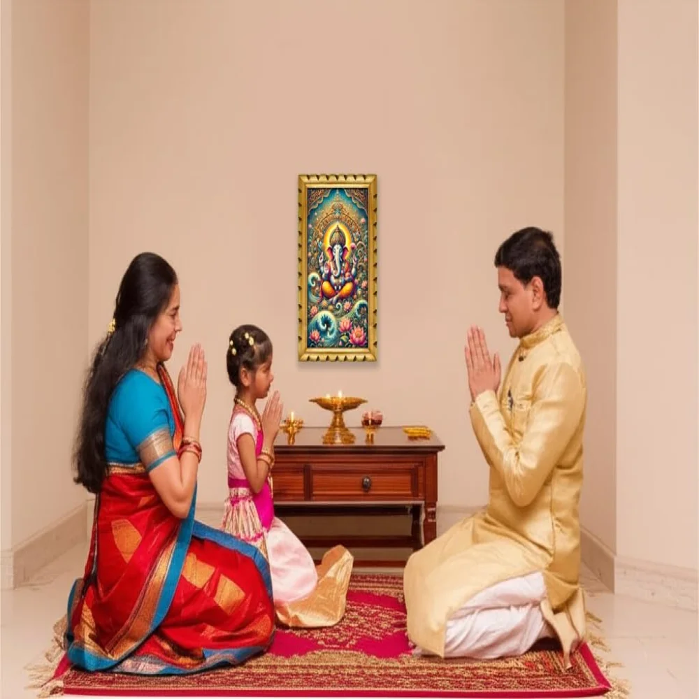 EMPEROR ART GALLERY®, Lord Ganesh Wall Frame, Premium Carved Wooden Frame, 30.5 x 50.8 cm, Digital Print with Glitter Lamination