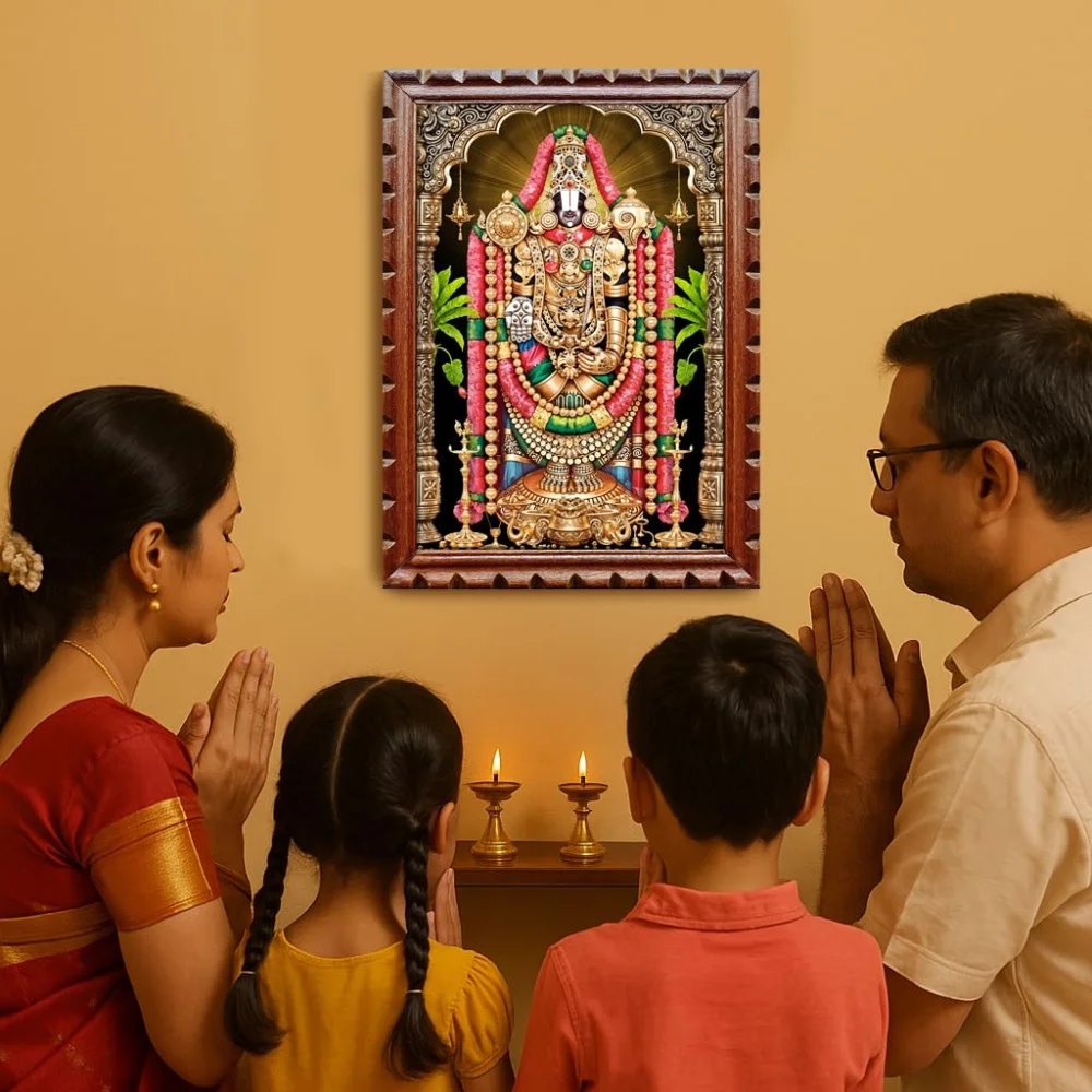 EMPEROR ART GALLERY®,Lord Venkateswara Swamy Premium Wooden Frame with Carved Design, 14x20 inch, Film Laminated Digital Print