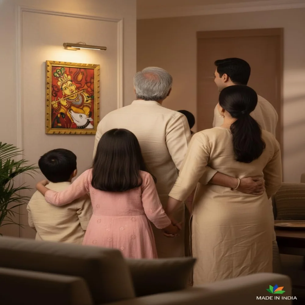 EMPEROR ART GALLERY®, Lord Krishna Mural Painting, Premium Wooden Frame with Carved Design, 18x14 Inch Digital Print, Film Laminated, Traditional Indian Wall Art