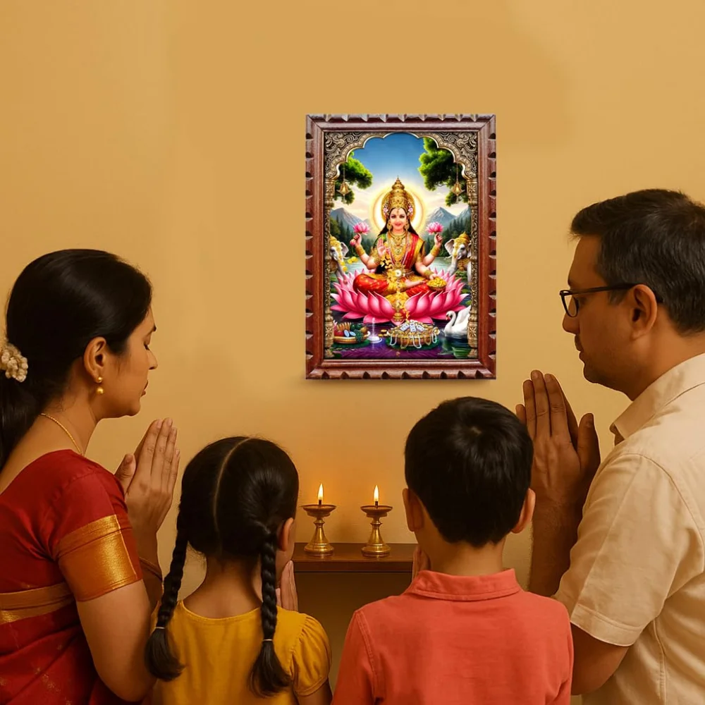 EMPEROR ART GALLERY®,Goddess Lakshmi Wall Art, Premium Wooden Frame with Carved Design, 25.4 x 35.6 cm, Digital Print, Brown