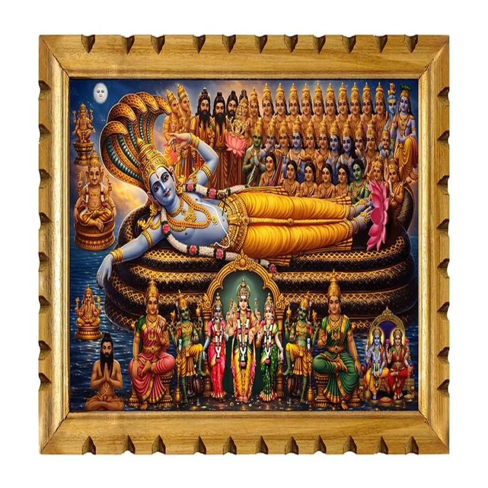 EMPEROR ART GALLERY®,Lord Vishnu Wooden Photo Frame with Premium Natural Wood, Glitter Film Laminated Digital Print, Carved Design, 20x13.6 Inch