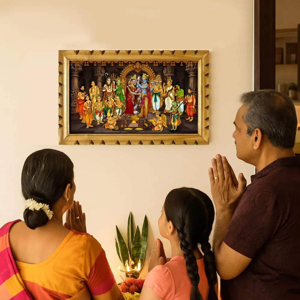 Lord Balaji Kalyanam Premium Wooden Frame,Wall Art with Film Laminated Digital Photo, 20 x 12.6 inches, Temple Design