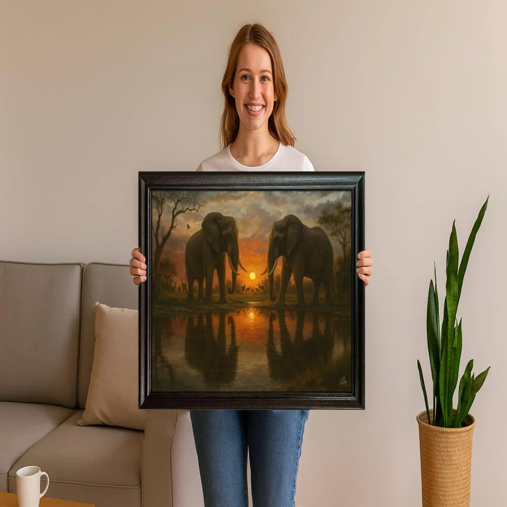 EMPEROR ART GALLERY®, African Elephants Sunset Canvas Wall Art with Premium Wooden Frame, 23 x 16 inches, Black Frame