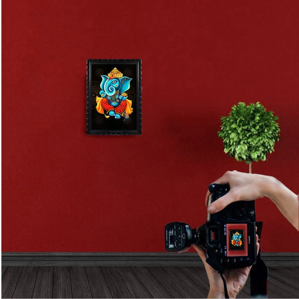 Mperor Lord Ganesh Laminated Digital Reprint With Wood Frame Size (16x10.8) in