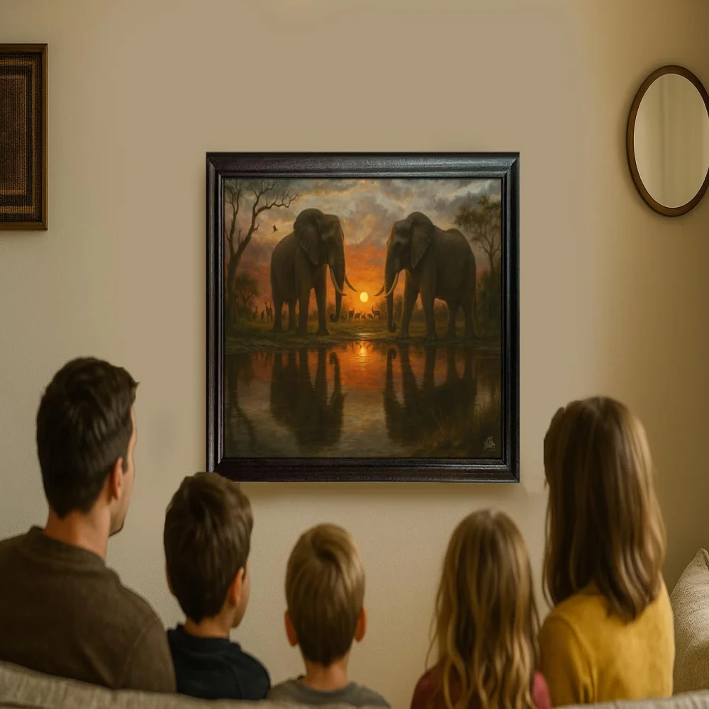 EMPEROR ART GALLERY®, African Elephants Sunset Canvas Wall Art with Premium Wooden Frame, 23 x 16 inches, Black Frame