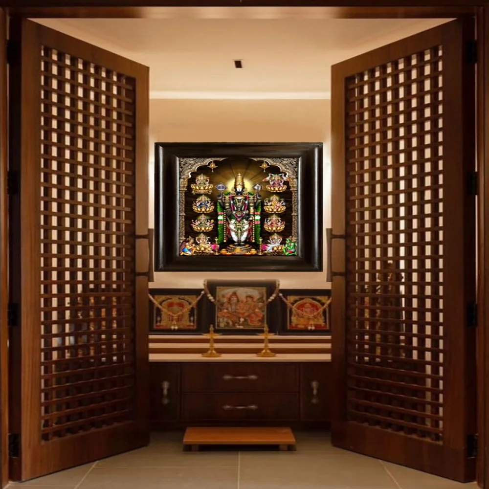 EMPEROR ART GALLERY®,Venkateshwara with Ashtalakshmi Religious Photo Frame, Premium Black Polished Wood, 43.18 x 50.8 cm, Digital Print with 3mm Glass