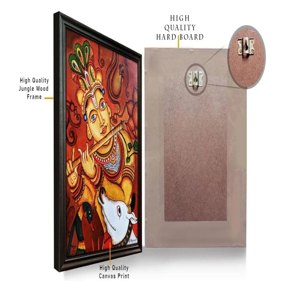 EMPEROR ART GALLERY Kerala Mural Painting #God Krishna# Canvas Print With Jungle Wood Frame# Size (25 x 18.63) Digital Reprint 25 inch x 18.63 inch Painting