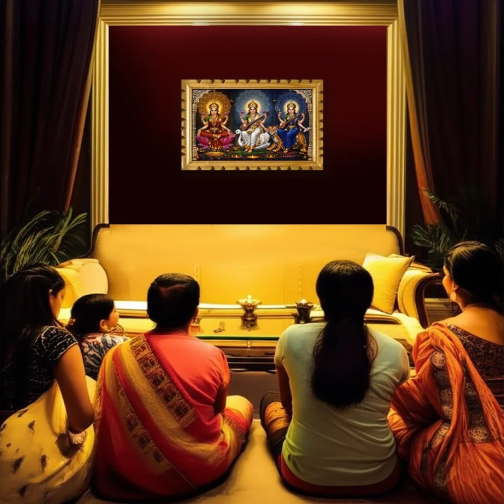 EMPEROR ART GALLERY®, Wooden Frame with Lakshmi, Saraswati and Durga Digital Photo, 50.8 x 34.5 cm, Glitter Film Laminated