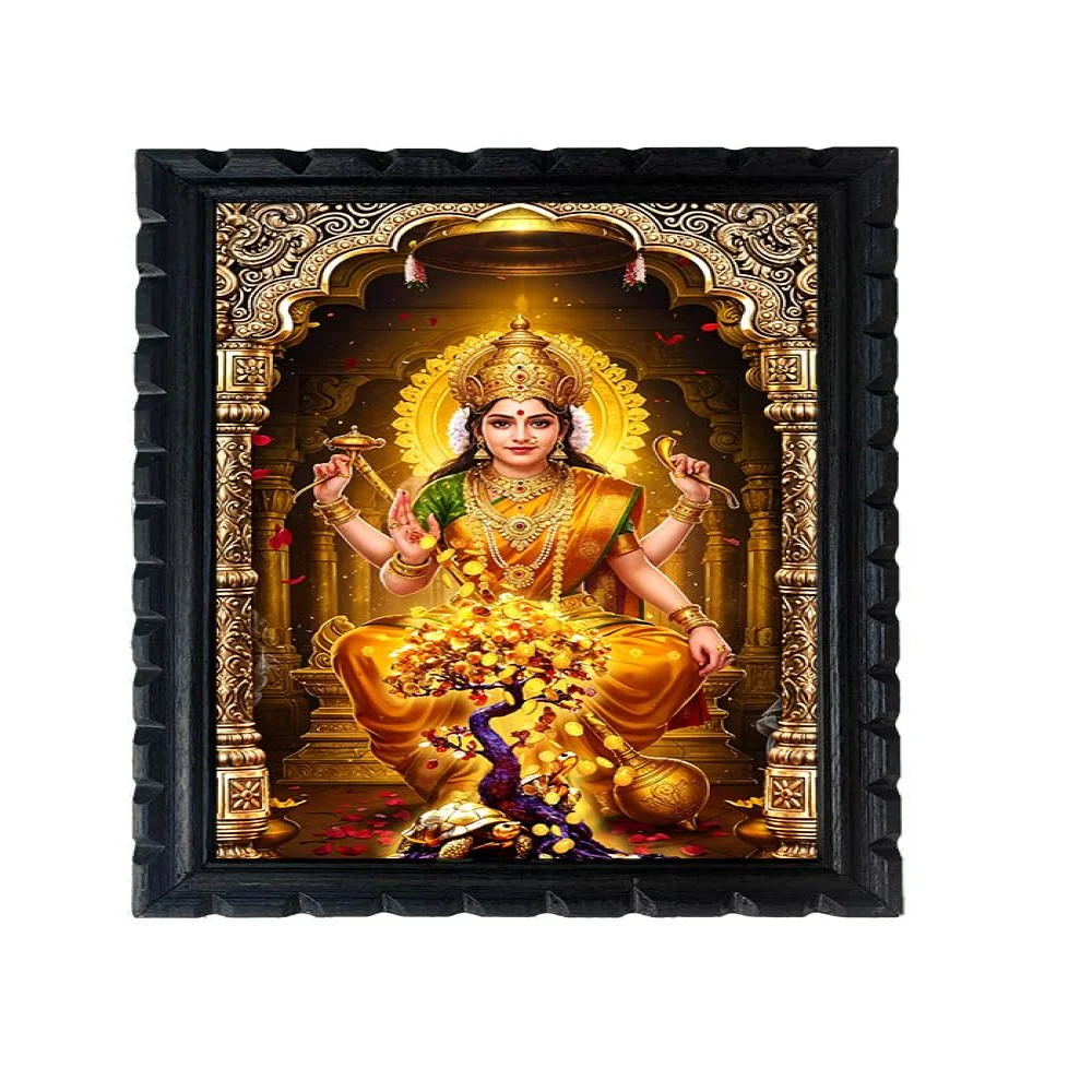 EMPEROR ART GALLERY®,Lakshmi and Money Tree Wall Frame, Premium Wooden Carved Design, 25.4 x 35.6 cm, Glitter Laminated Print