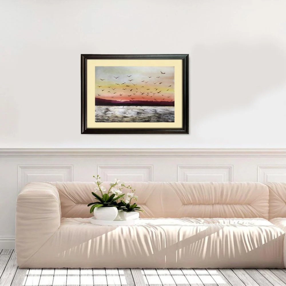 EMPEROR ART GALLERY®,Sunset Lake Canvas Wall Art with Premium Wooden Frame, 24 x 19 inch, Birds in Flight Landscape Painting