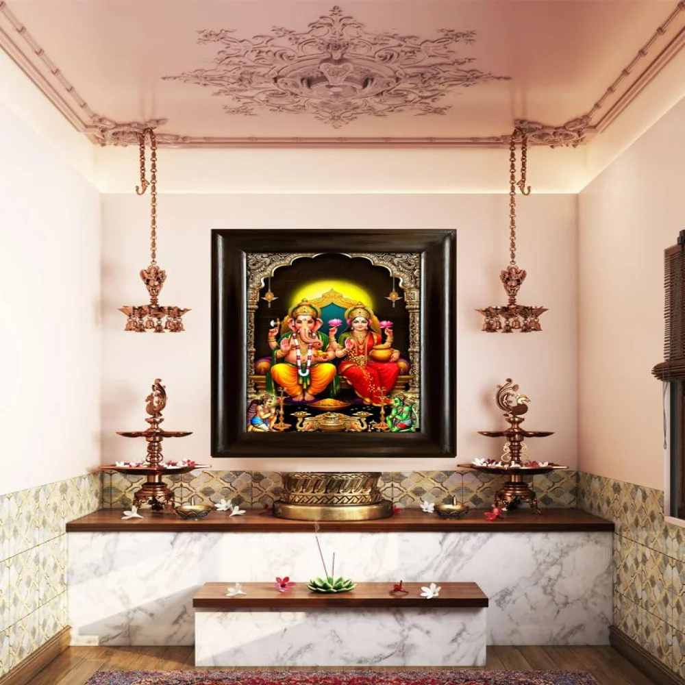 EMPEROR ART GALLERY®,Lord Ganesha and Goddess Lakshmi Wall Frame, Premium Black Polished Wooden Frame, 43.2 x 58.4 cm with 3mm Glass
