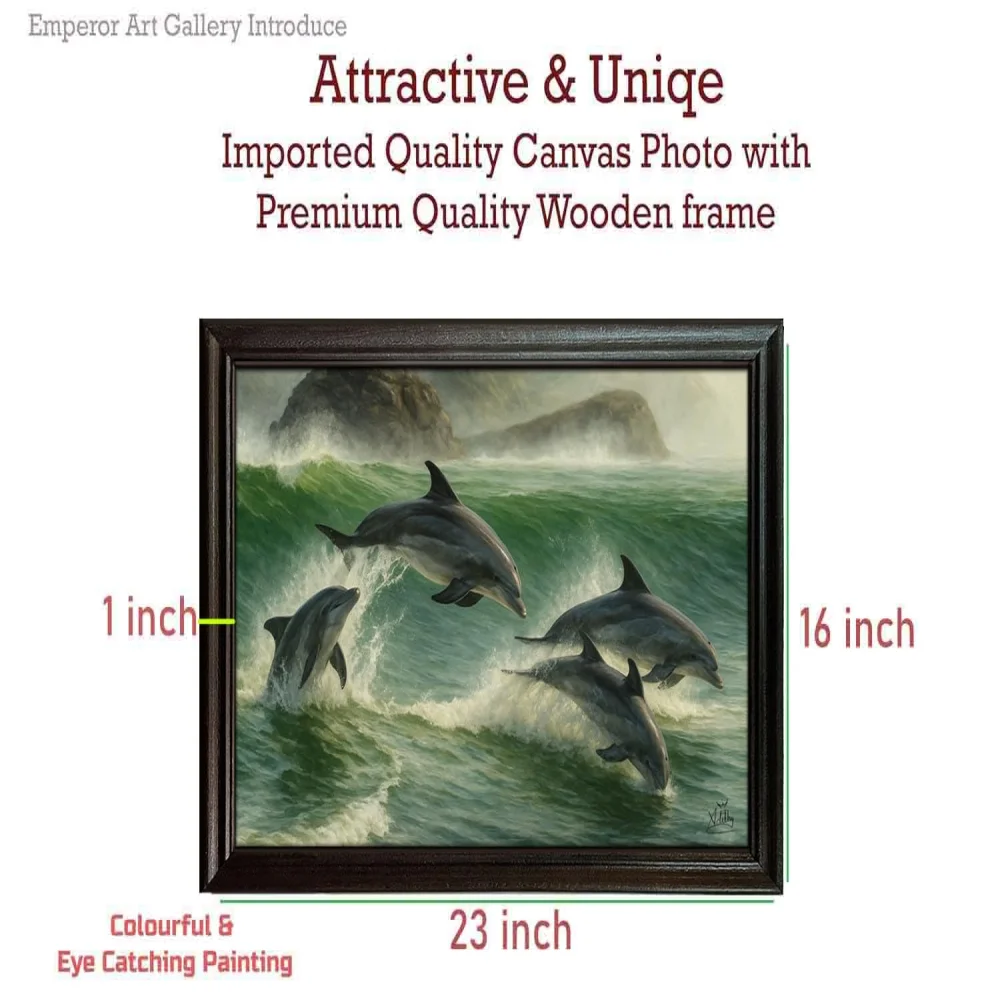 EMPEROR ART GALLERY®,Premium Dolphins Canvas Wall Art with Wooden Frame, 58.4 x 40.6 cm, Ocean Wave Scene