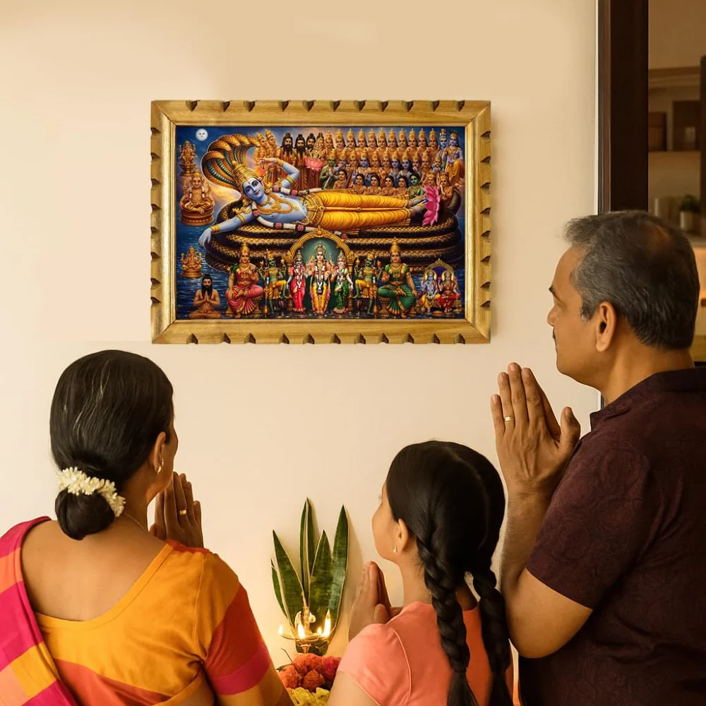 EMPEROR ART GALLERY®,Lord Vishnu Wooden Photo Frame with Premium Natural Wood, Glitter Film Laminated Digital Print, Carved Design, 20x13.6 Inch