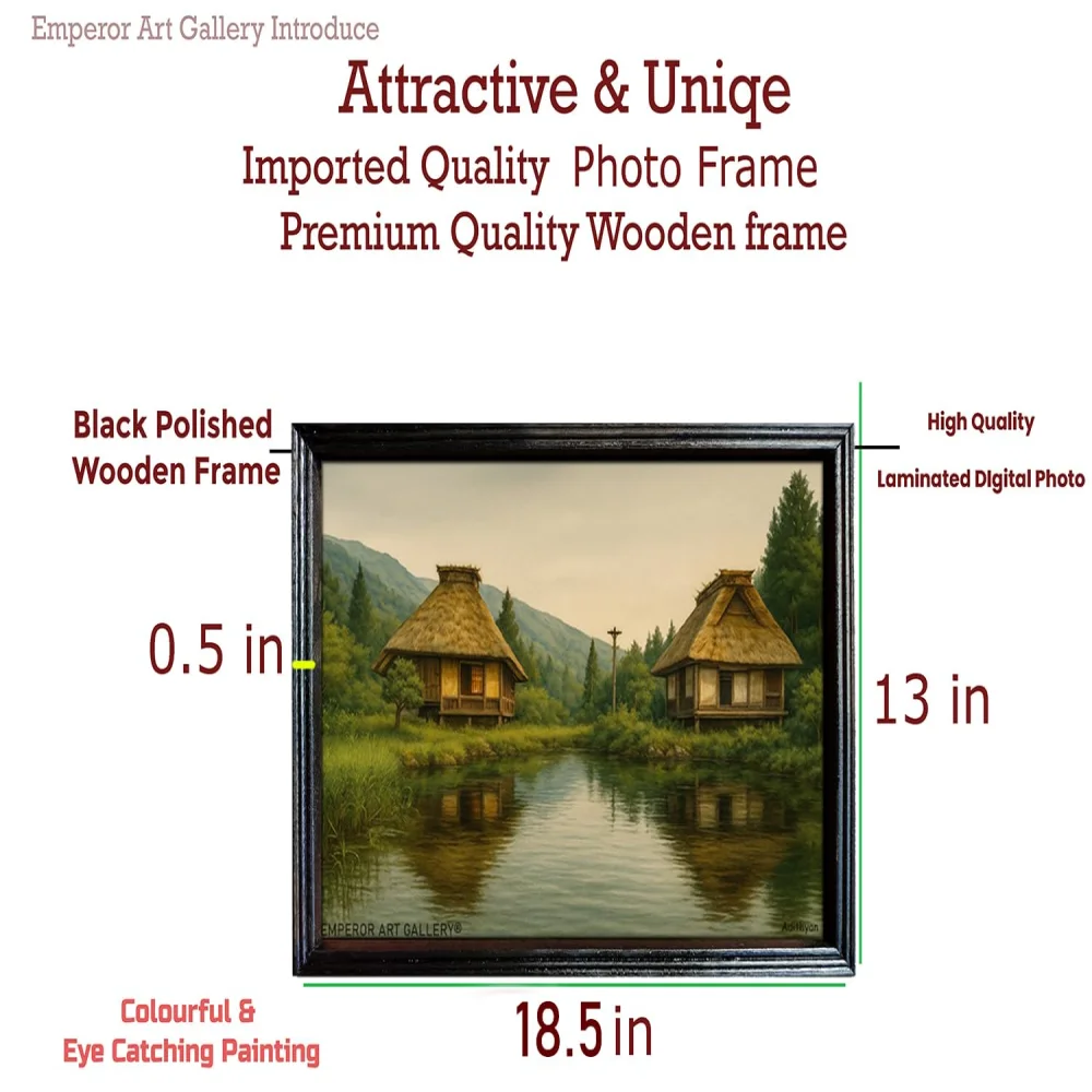 EMPEROR ART GALLERY®, Lakeside Cottage Wall Art Premium Wooden Photo Frame, Black Polished, 13 x 18.5 inches, Laminated Digital Print