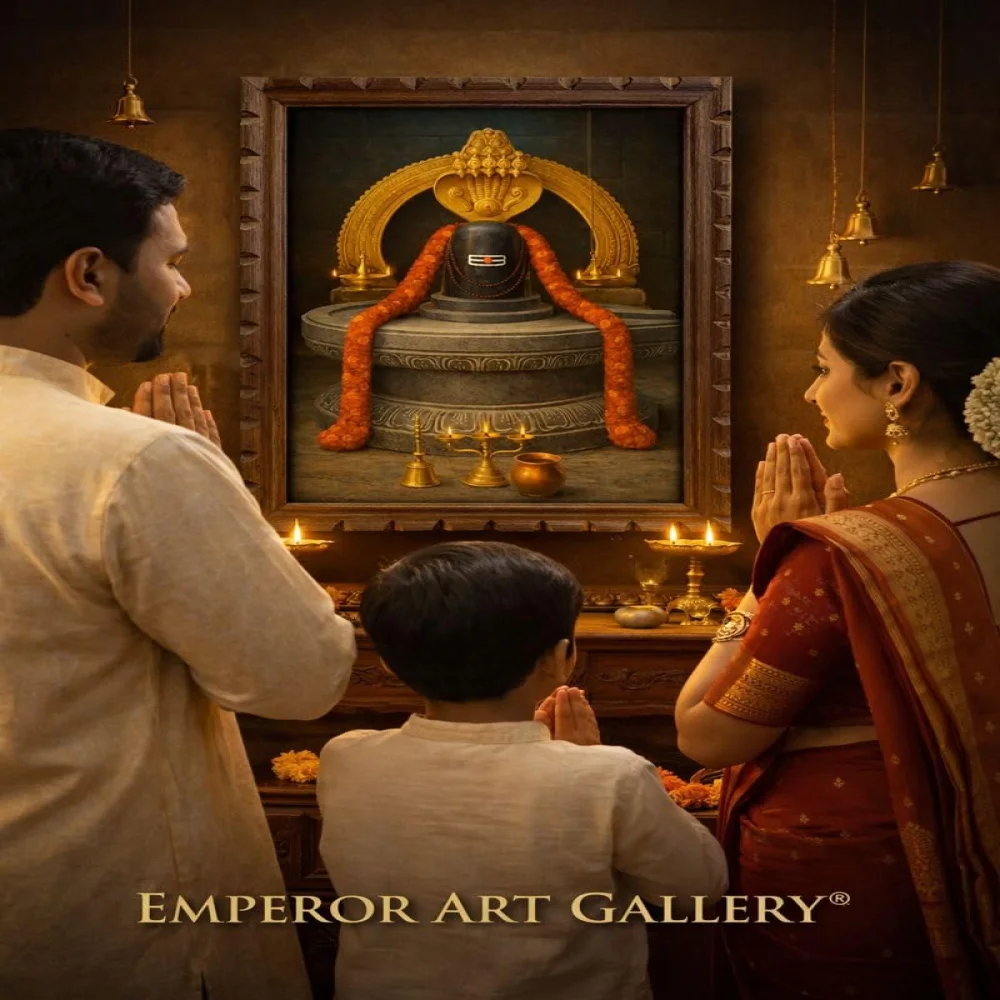 EMPEROR ART GALLERY Lord Shiva Lingam Photo Frame with Premium Wooden Carved Design, 300 GSM Digital Print with 3mm Glass, 10.4 x 14.6 Inches, Made in India