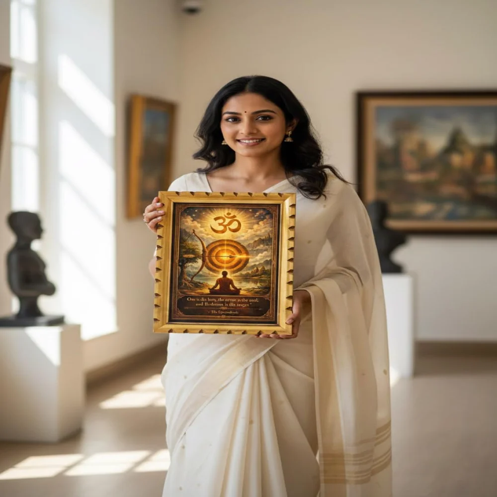 Om Symbol Spiritual Wall Art with Wooden Frame, Original Carved Design, 300 GSM Digital Print Film Laminated, 14x20 Inch, Upanishads Quote