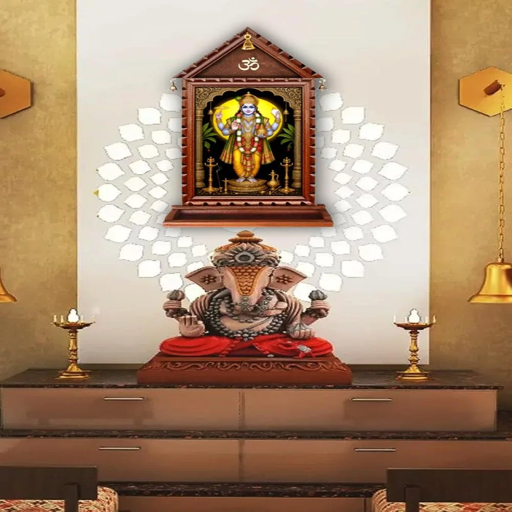 EMPEROR ART GALLERY®,Lord Dhanvantari Dev Wooden Wall Temple, 21.4 x 11 inch, Premium Carved Design Wooden Frame with Stand, Glass Protected