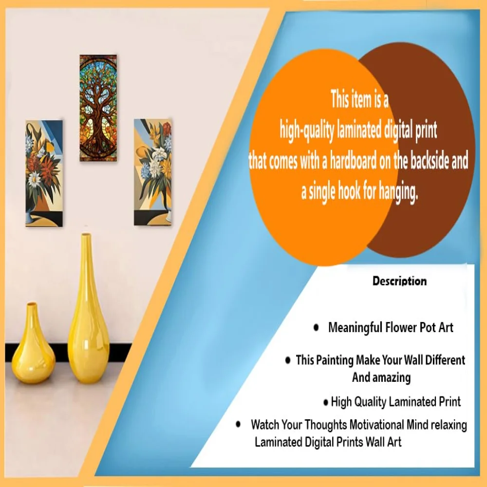 Abstract Art Flower Pot 3 Piece Painting Digital Reprint(13x7,13x7,13x7) inch