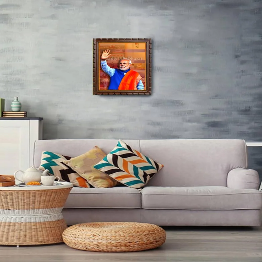 EMPEROR ART GALLERY Premium Wooden Frame with Carved Design, Leader of Bharat Portrait, Laminated Digital Print, 13x18 Inch, Rich Matte Finish, Wall Decor