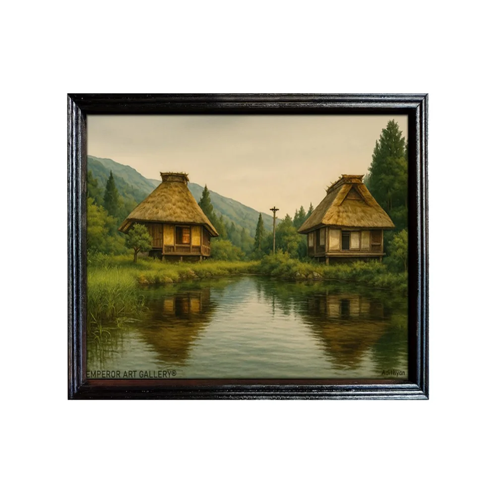 EMPEROR ART GALLERY®, Lakeside Cottage Wall Art Premium Wooden Photo Frame, Black Polished, 13 x 18.5 inches, Laminated Digital Print