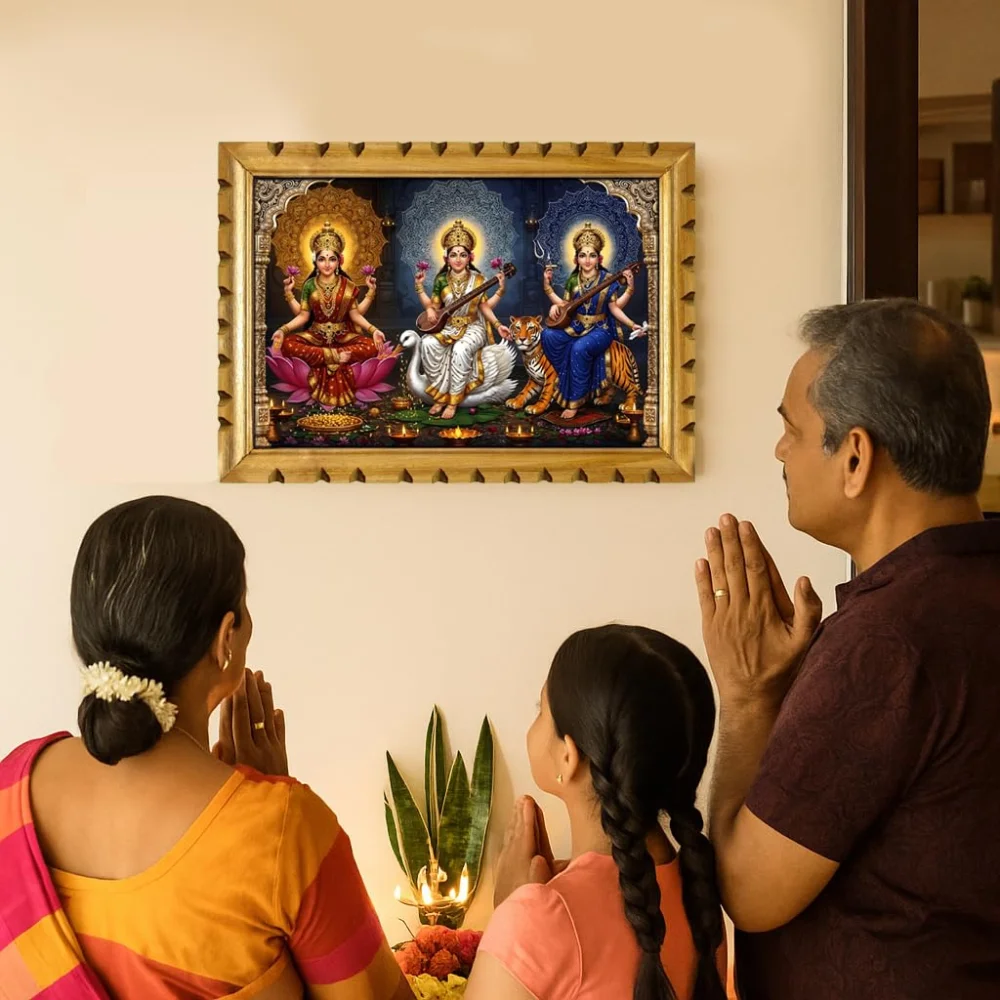 EMPEROR ART GALLERY®, Wooden Frame with Lakshmi, Saraswati and Durga Digital Photo, 50.8 x 34.5 cm, Glitter Film Laminated