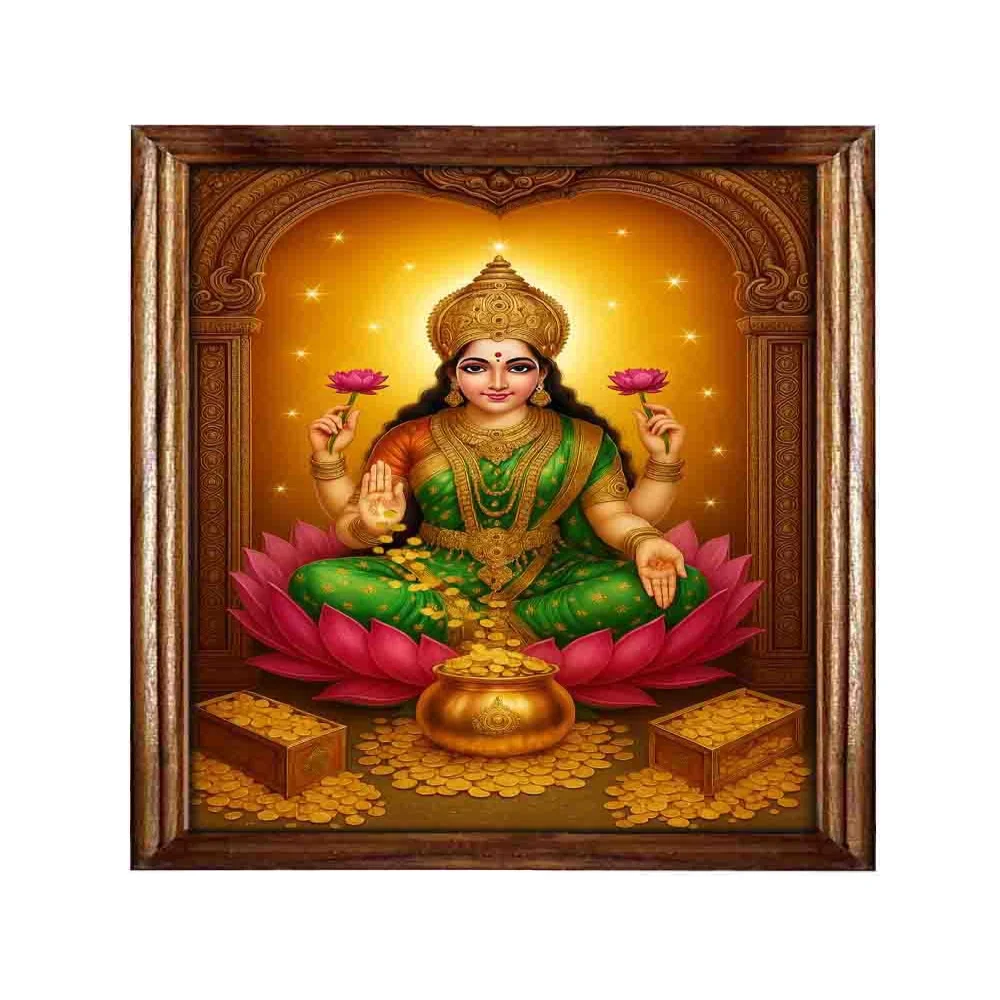 EMPEROR ART GALLERY®, Lakshmi Mata Religious Wall Art, Teak Wood Frame with Carved Design, 24x34 cm, Film Laminated Digital Print
