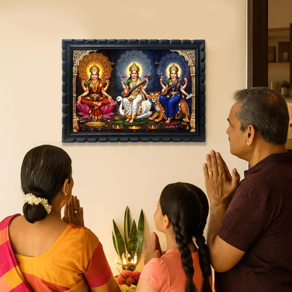 EMPEROR ART GALLERY®, Wooden Frame with Lakshmi, Saraswati and Durga Digital Print, 50.8 x 34.5 cm, Black Frame