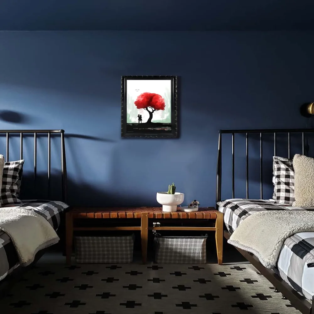 Mperor, Black and White Wall Art with Red Tree Laminated Digital Print With Wood Frame(18.1x13) in